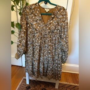 Let Me Be brown floral long sleeve block print-style dress size 4 crochet detail